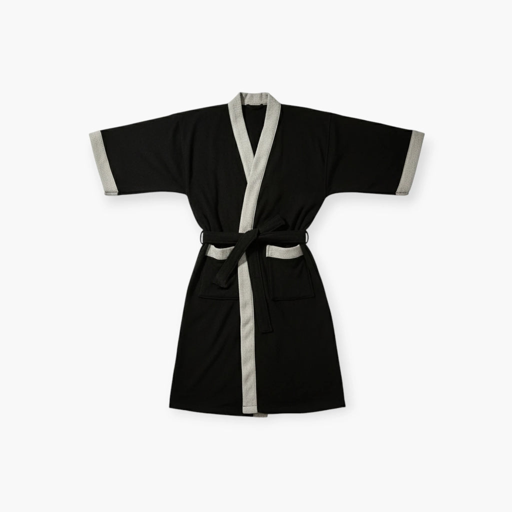 Peignoir Homme – Waffle Noir à Bordures Grises Courtes Manches