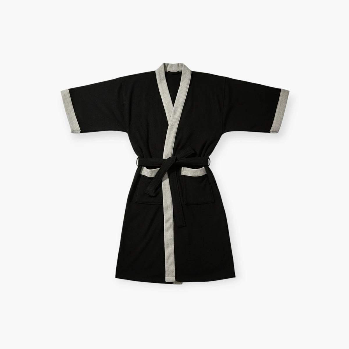 Peignoir Homme – Waffle Noir à Bordures Grises Courtes Manches