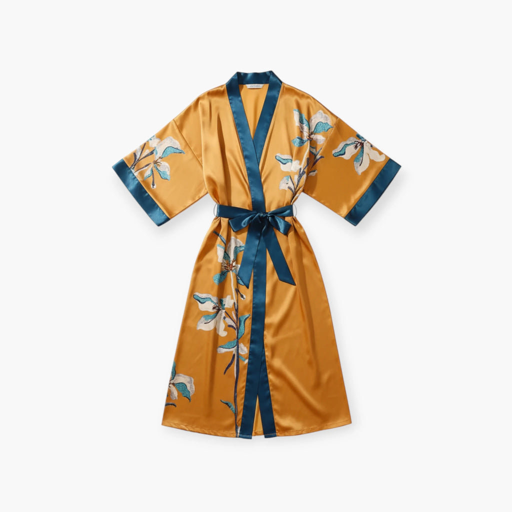 Peignoir Satin Orange Femme Fleuri