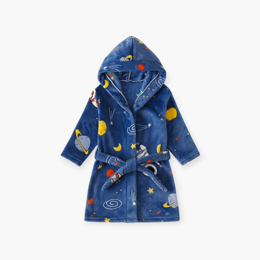 Peignoir Enfant à Capuche – En Flanelle Douce Motif Espace Bleu