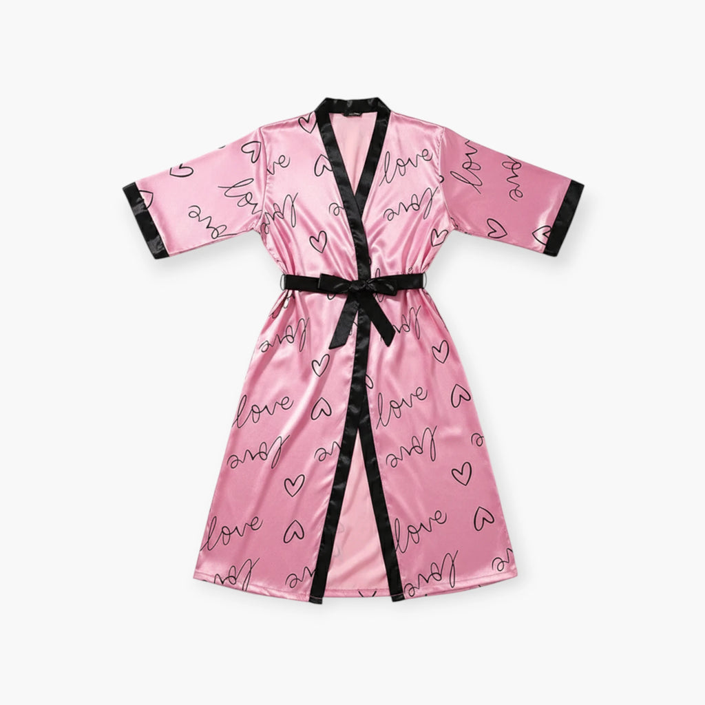 Peignoir Femme Grande Taille en Satin – Long Rose à Motif Cœurs “Love”