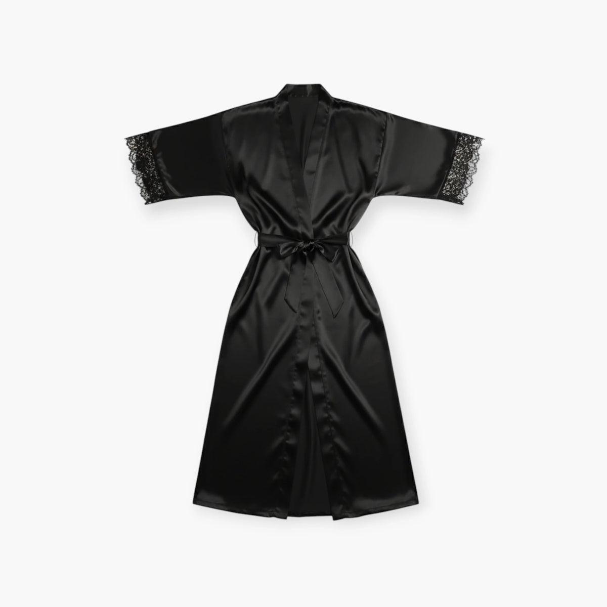 Peignoir Femme en Satin – Noir Long avec Dentelle