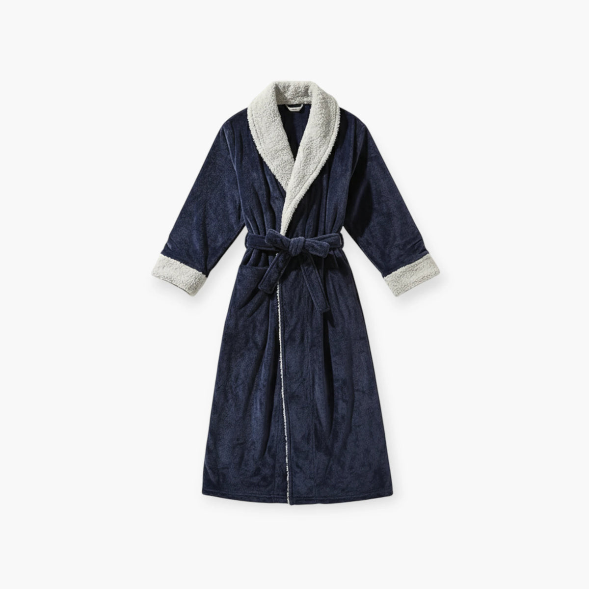 Peignoir Femme Hiver – En Flanelle Long Bleu Marine à Revers Gris