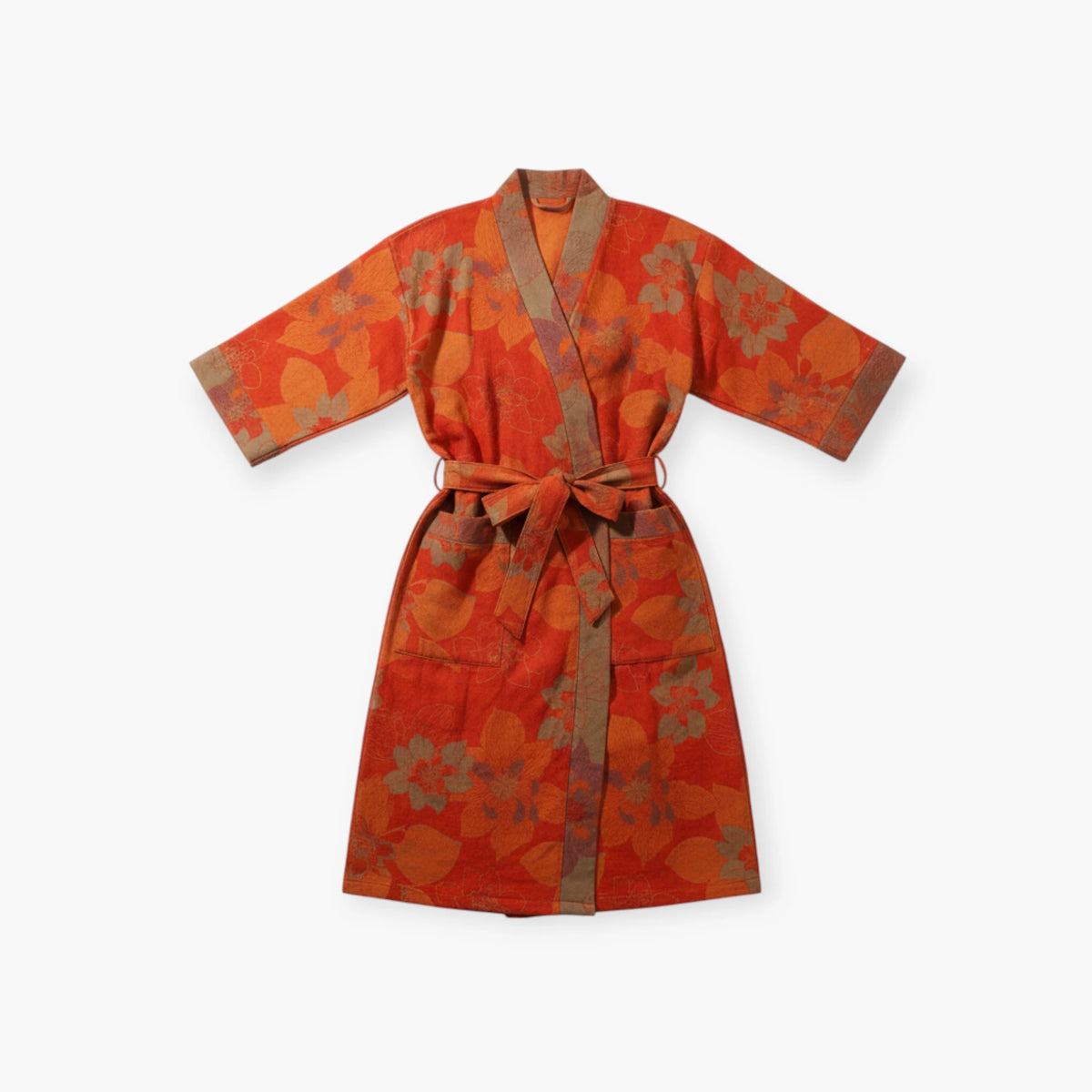 Peignoir Femme Coton – Style Japonais Rouge à Fleurs d’Hibiscus