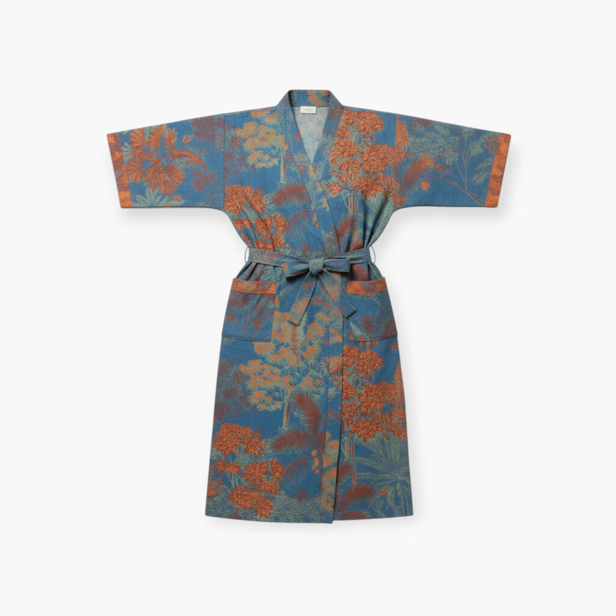 Peignoir Femme Coton – Style Japonais Bleu à Motifs Floraux Rouille