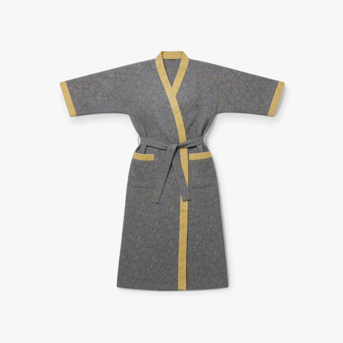 Peignoir Femme Coton – Style Japonais Gris à Bordures Vertes