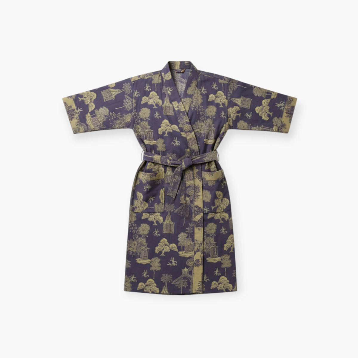 Peignoir Femme Coton – Style Japonais Violet à Motifs Verts