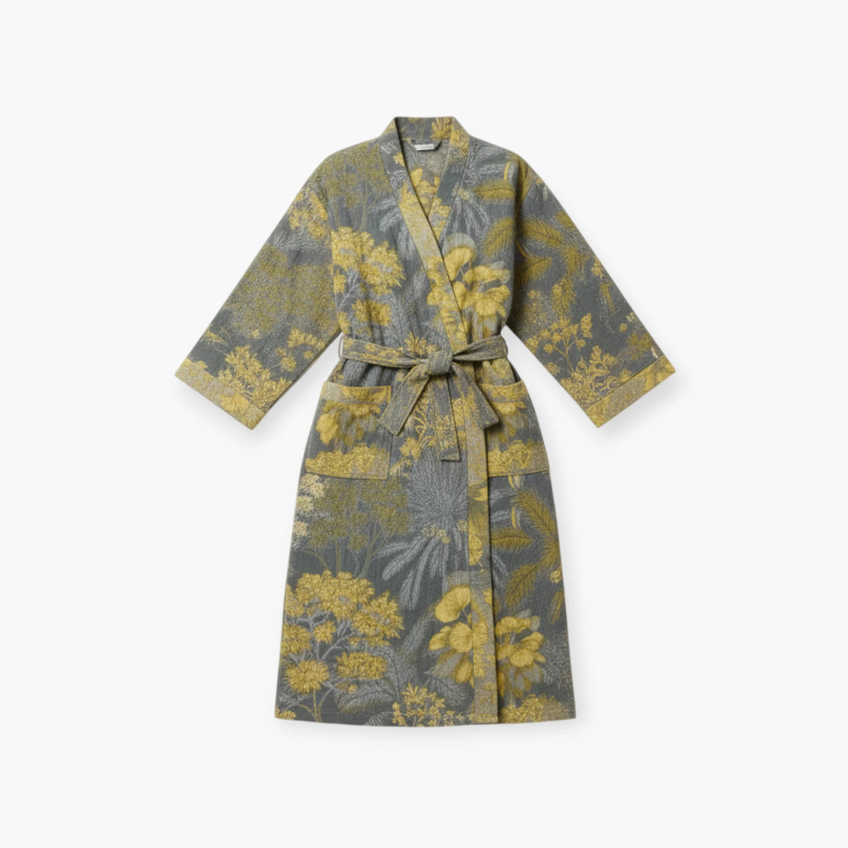 Peignoir Femme Coton – Style Japonais Gris à Motifs Floraux Jaunes