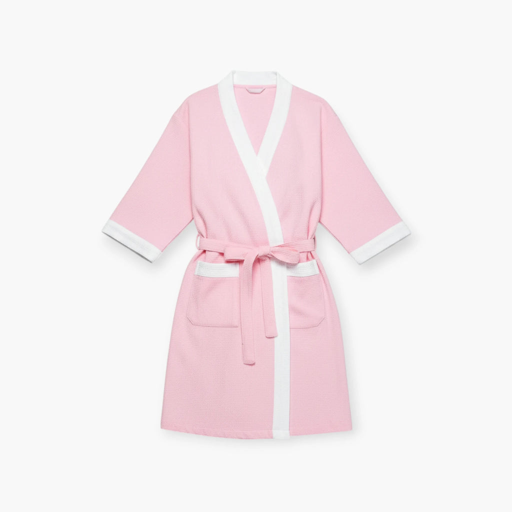 Peignoir Femme – Waffle Rose à Bordures Blanches Courtes Manches