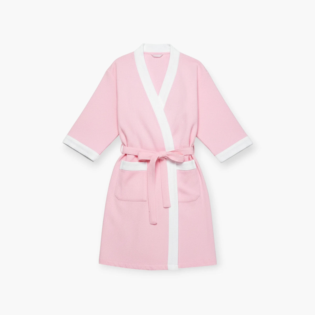 Peignoir Femme – Waffle Rose à Bordures Blanches Courtes Manches