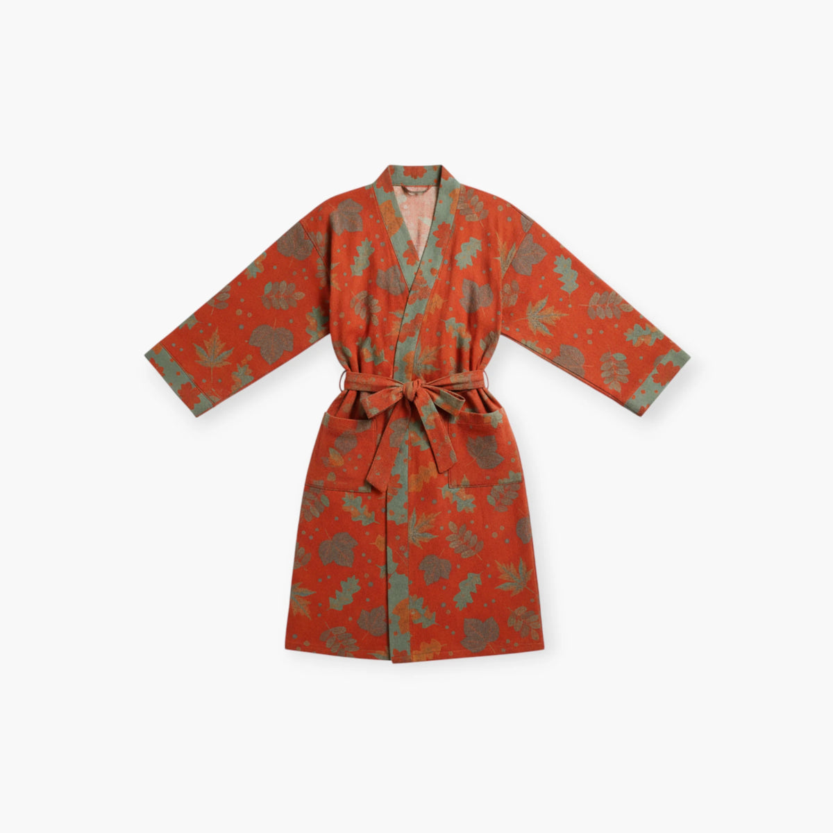 Peignoir Coton Femme Rouge Motif Feuillage