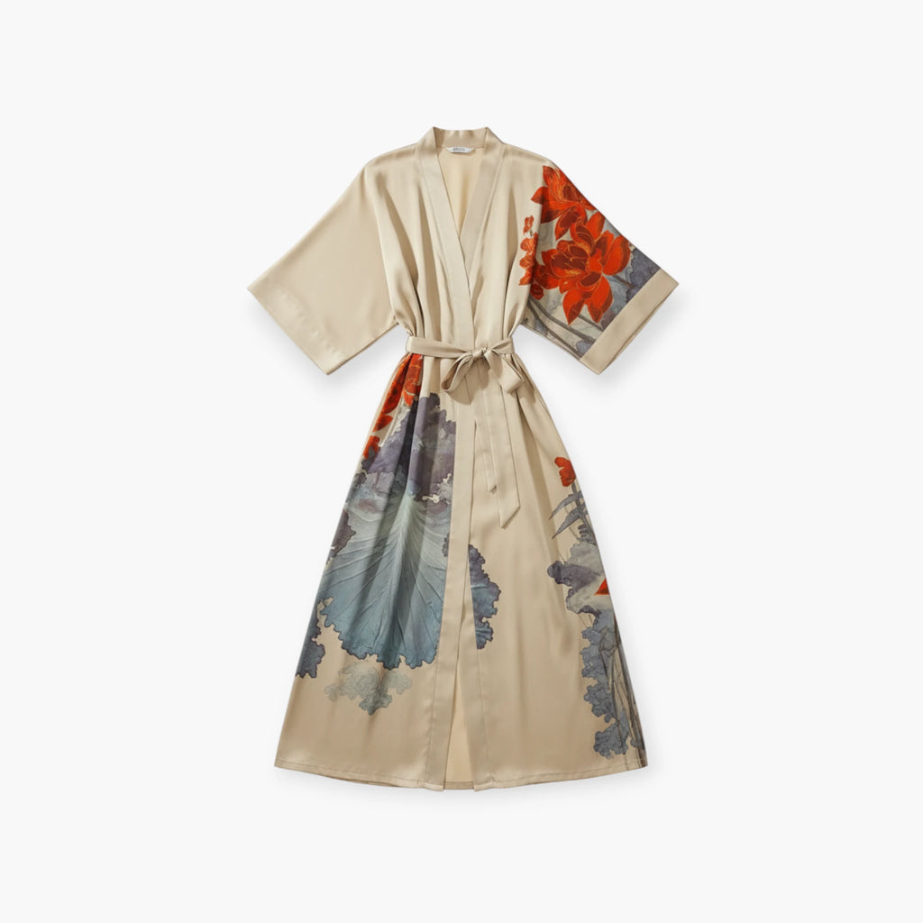 Peignoir Satin Beige Femme Fleuri