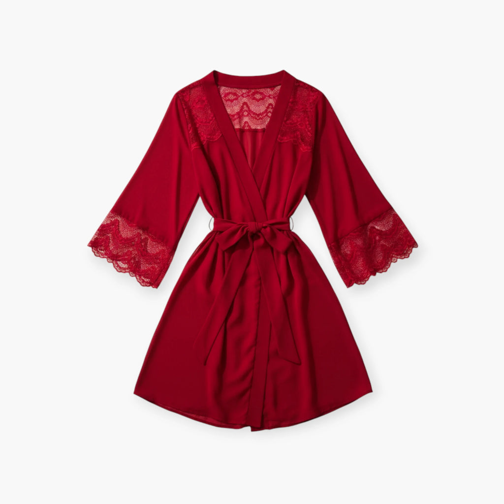 Peignoir Femme Satin – Rouge à Dentelle Élégante et Ceinture Taille