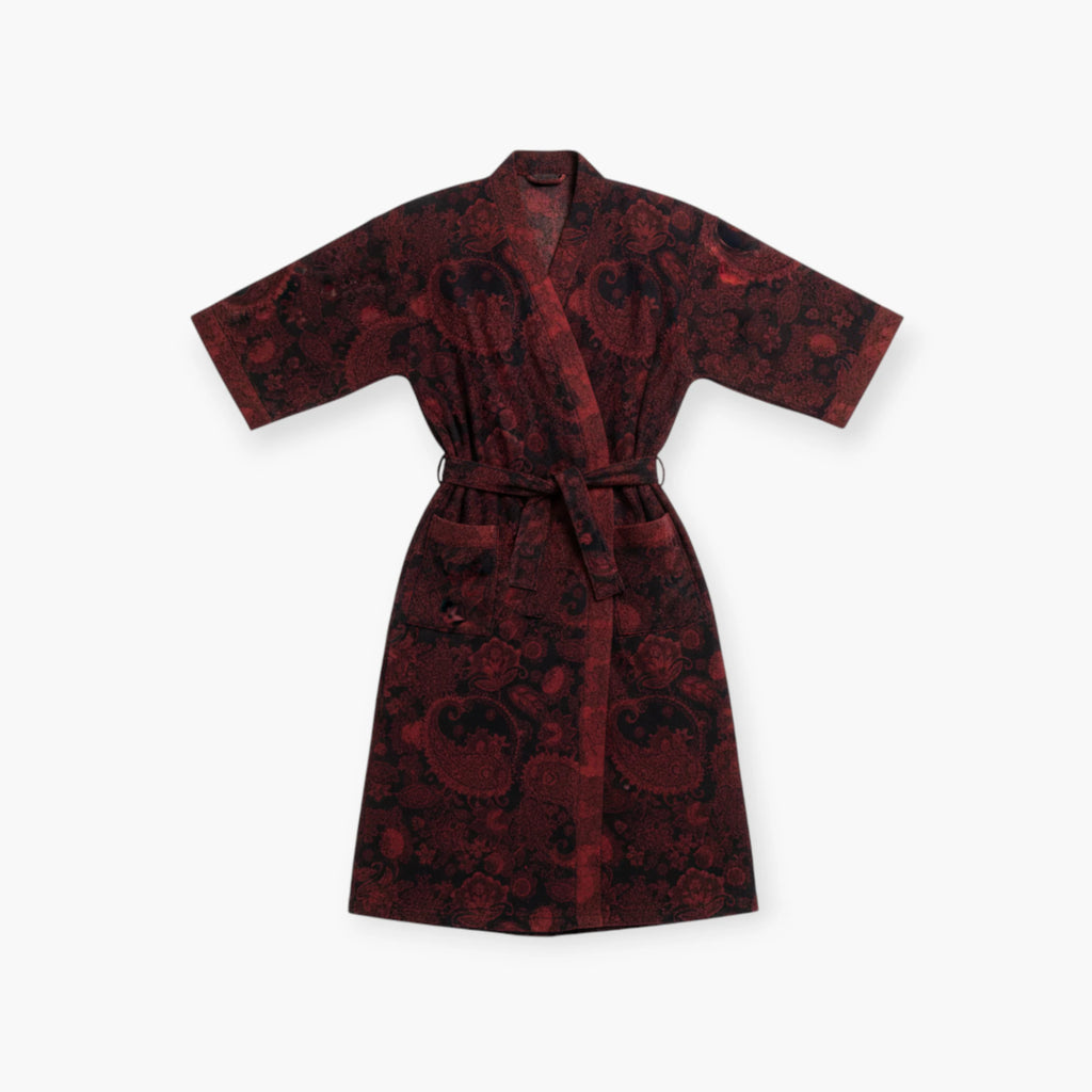 Peignoir Femme Coton – Style Japonais Noir à Motifs Rouges Paisley