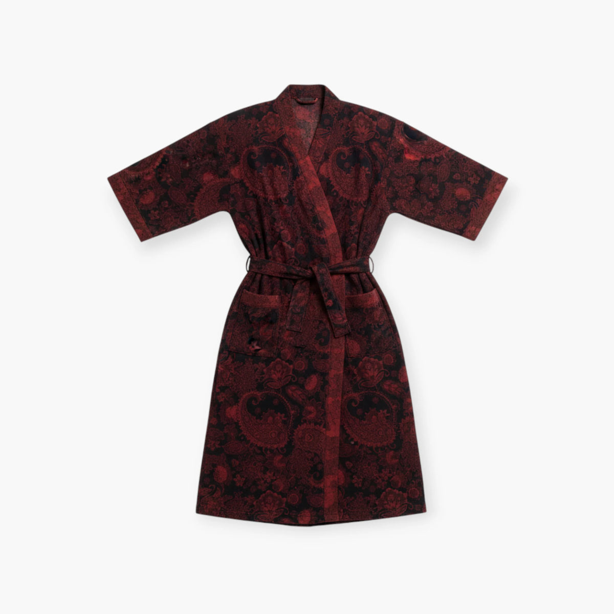 Peignoir Femme Coton – Style Japonais Noir à Motifs Rouges Paisley