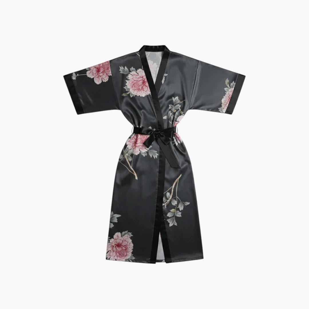 Peignoir Satin Gris Femme Fleuri