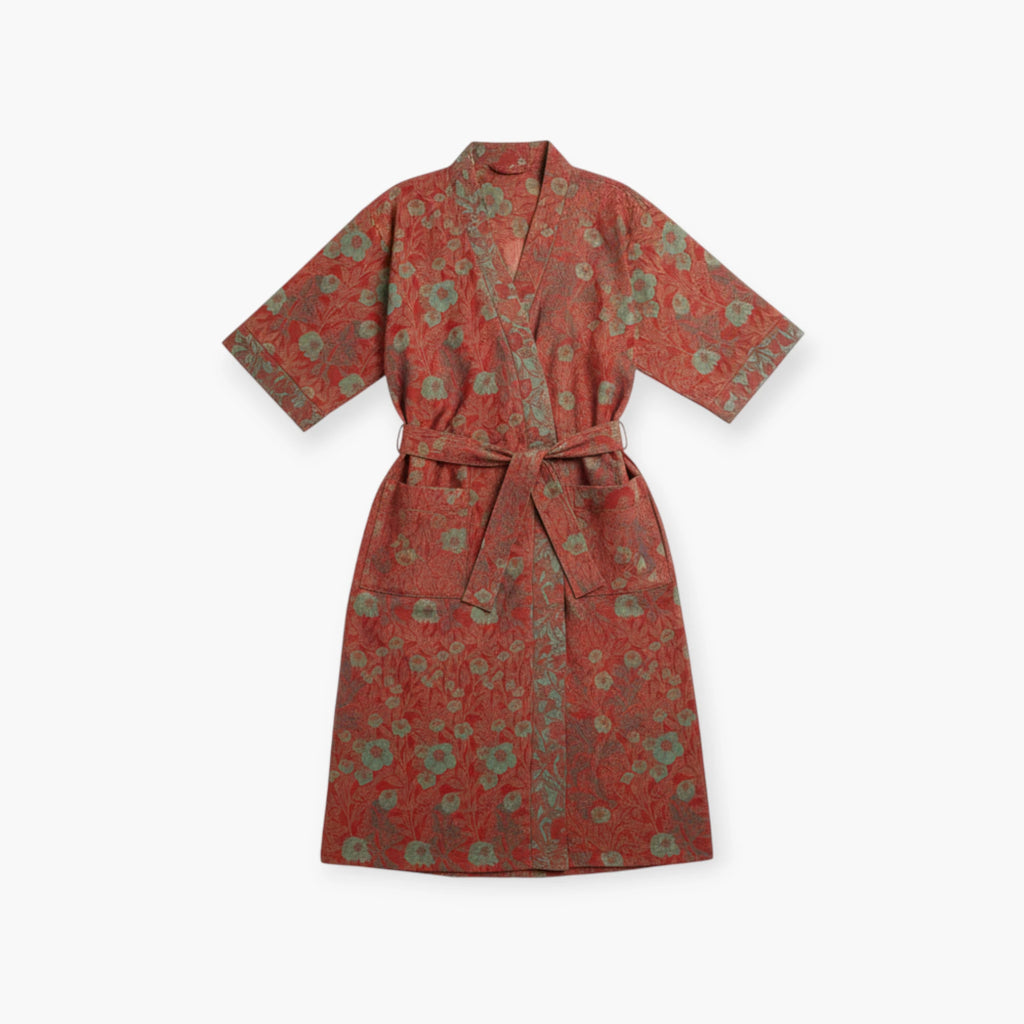 Peignoir Femme Coton – Style Japonais Rouge à Fleurs