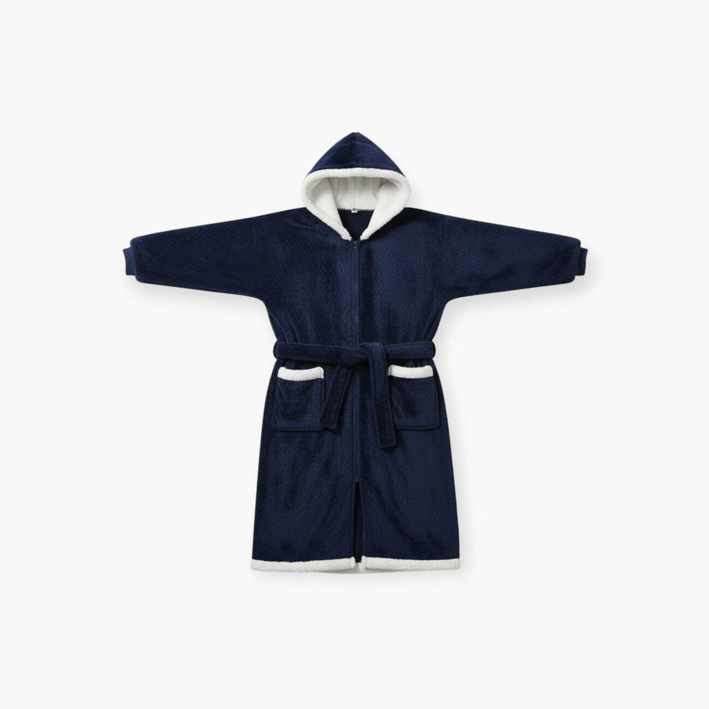 Peignoir Femme Hiver – En Flanelle Long Bleu Marine à Capuche Blanche