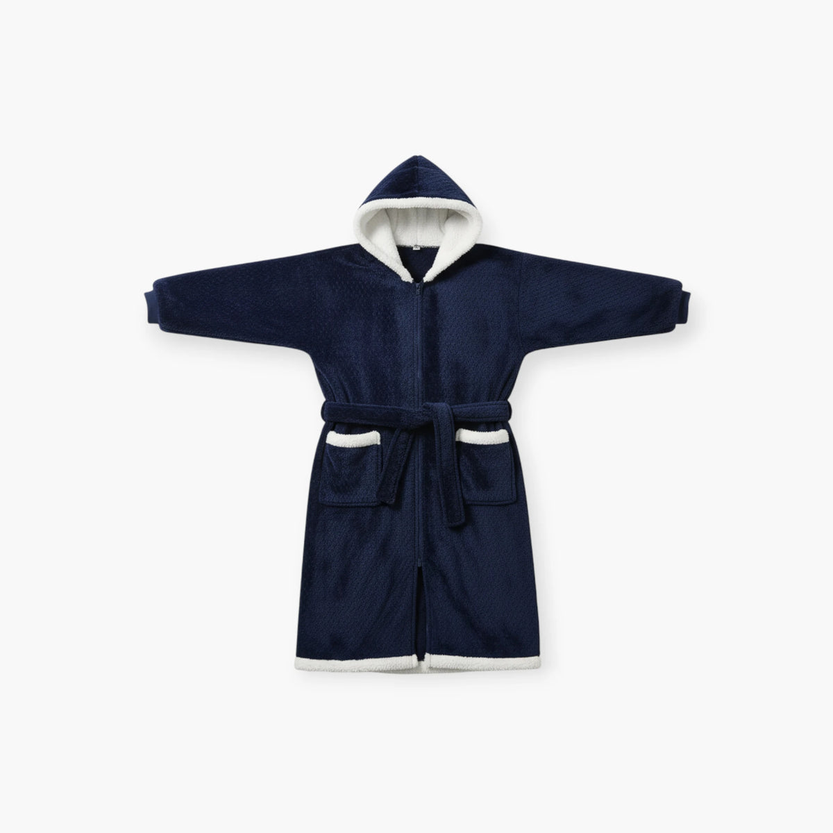 Peignoir Femme Hiver – En Flanelle Long Bleu Marine à Capuche Blanche