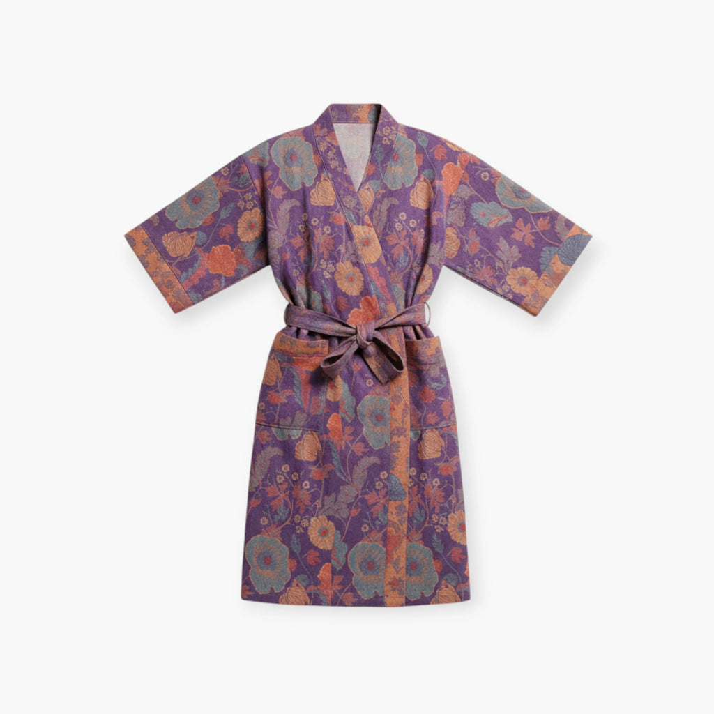 Peignoir Femme Coton – Style Japonais Violet à Fleurs Oranges