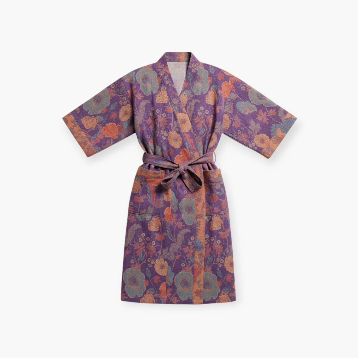Peignoir Femme Coton – Style Japonais Violet à Fleurs Oranges