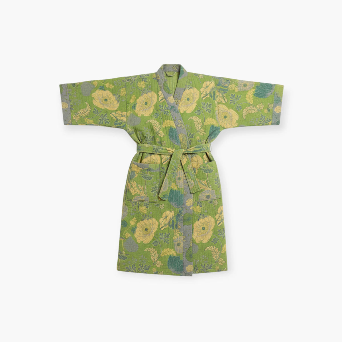 Peignoir Femme Coton – Style Japonais Vert à Fleurs Jaunes