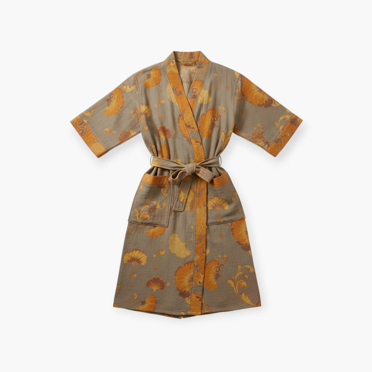 Peignoir Femme Coton – Style Japonais Beige à Fleurs Jaunes