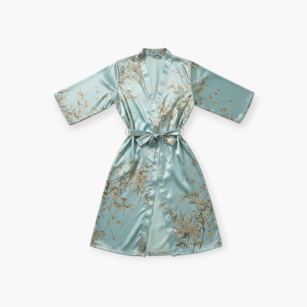 Peignoir Femme – En Satin Turquoise à Motif Fleuri
