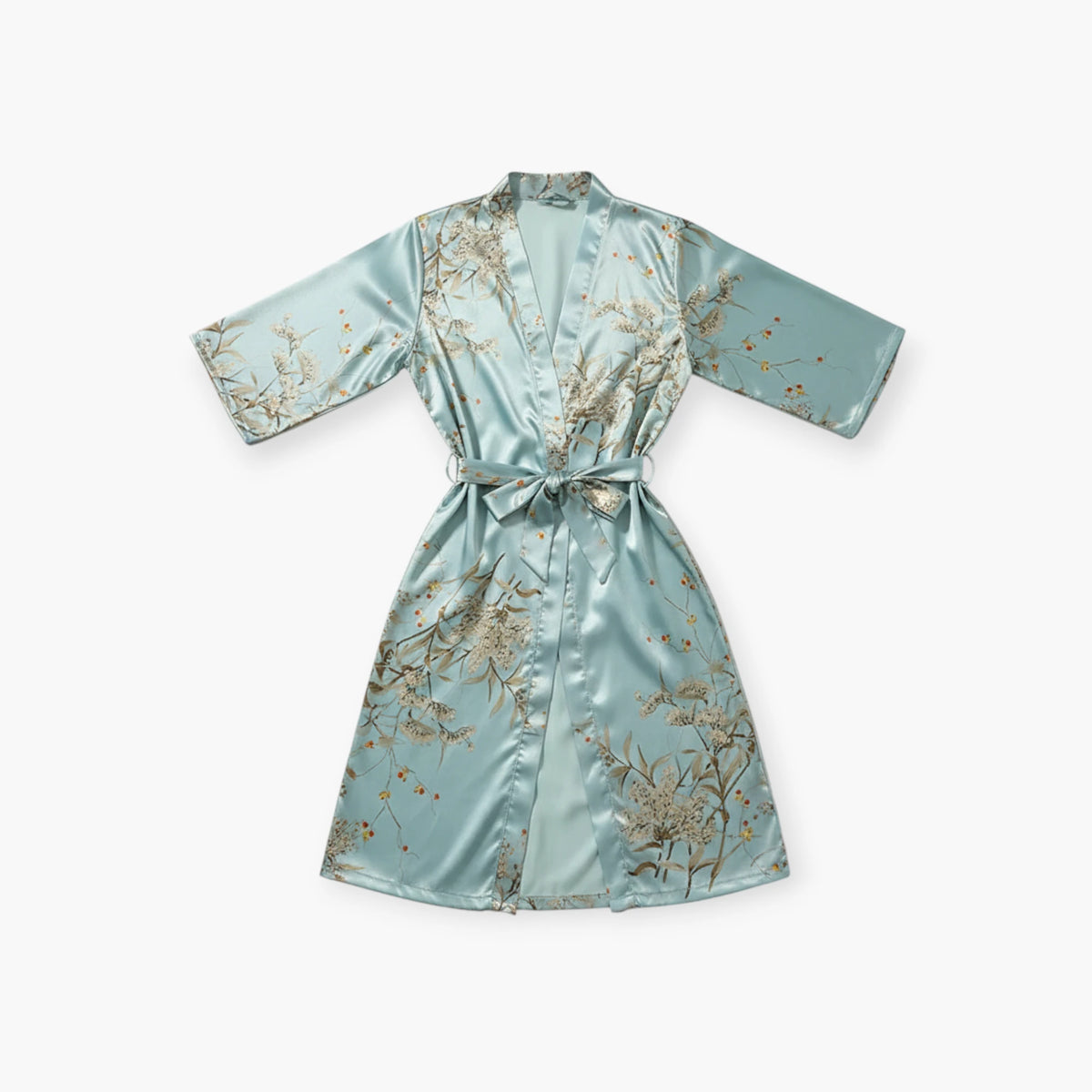 Peignoir Femme – En Satin Turquoise à Motif Fleuri