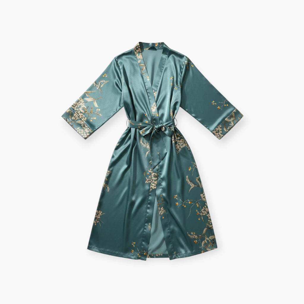 Peignoir Femme – En Satin Bleu à Fleurs