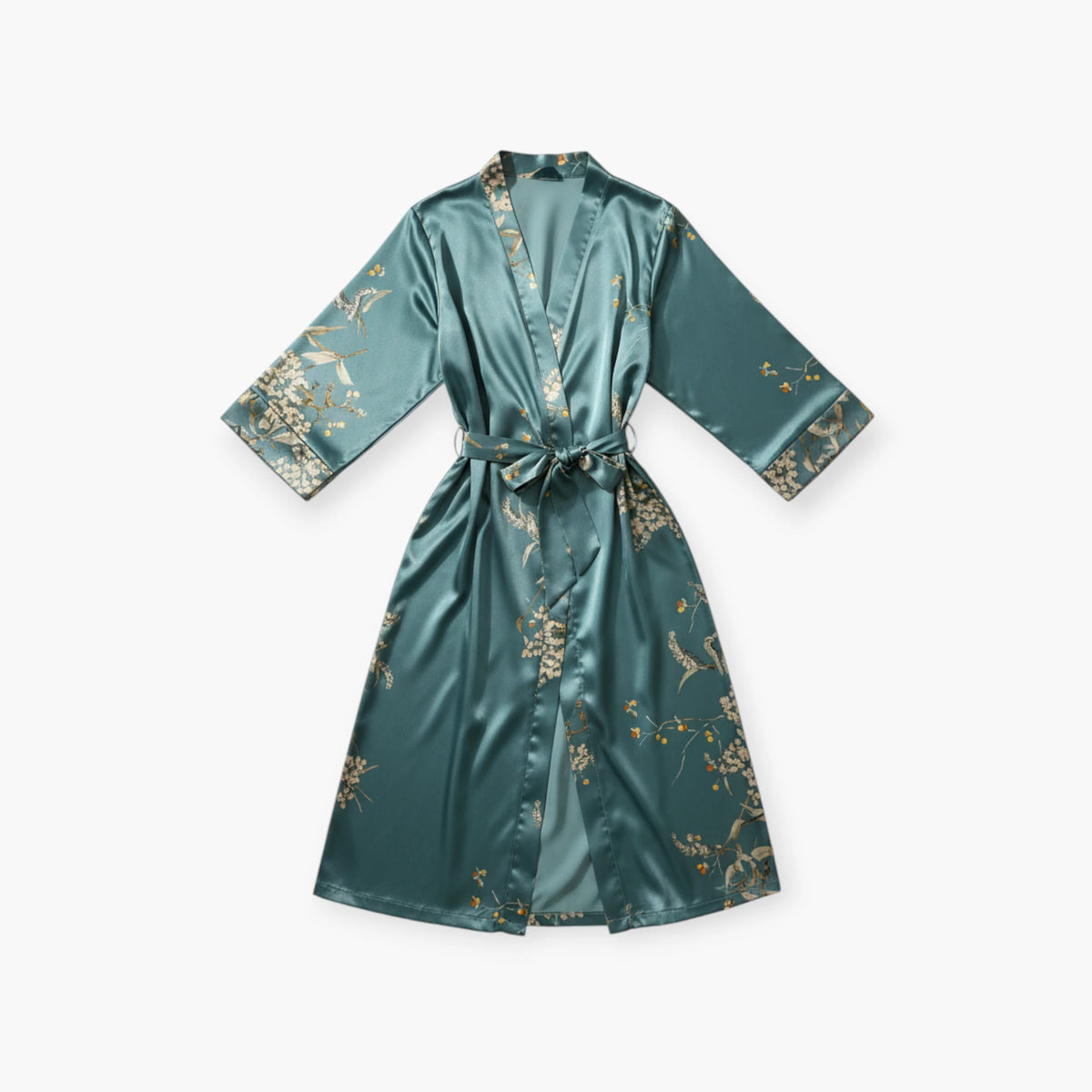 Peignoir Femme – En Satin Bleu à Fleurs