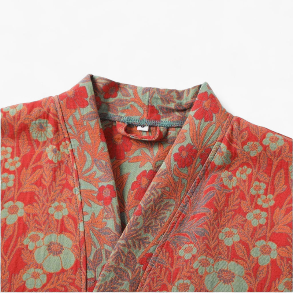 Peignoir Femme Coton – Style Japonais Rouge à Fleurs